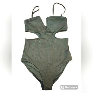 Olive Green Aerie Shine Ribbed One Piece Cut-Out Full Coverage Swimsuit